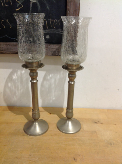 Candle Holders - 17" Pair Of Silver Crackle Glass