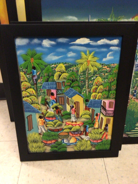 14 1/2" X 18 3/8" Black Framed Village Haitian Art On Board