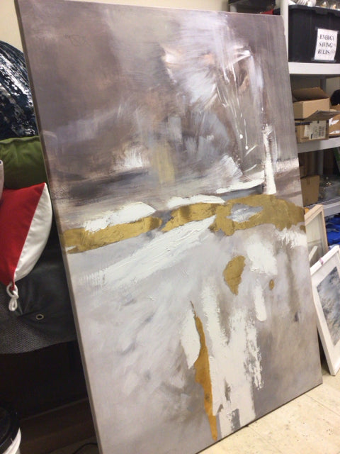 38 1/4" X 58 1/8" Grey/White/Gold Abstract Print On Canvas