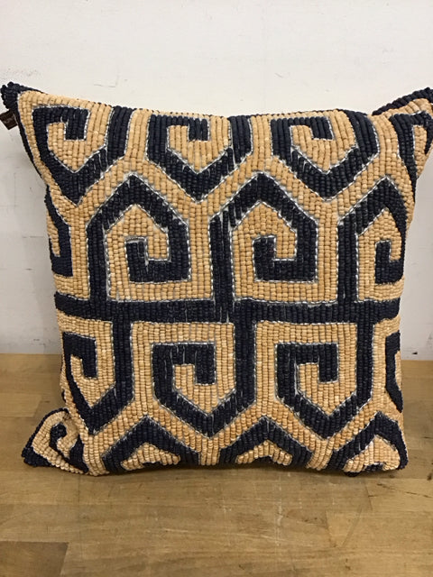 Jonathan Adler 18" Beige Blue & Silver Down Filled Beaded Pillow
