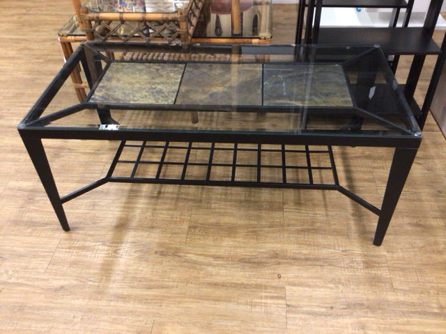 Glass Top Metal Frame Marble Accent Coffee Table