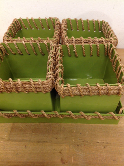 10" Green Metal & Wicker Untensil Holders