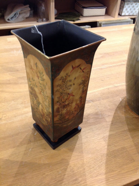 12" Painted Chinoiserie Footed Metal Vase