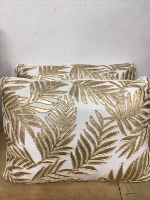 19" x 14" White W/Appliqued Gold Leather Fern Leaves
