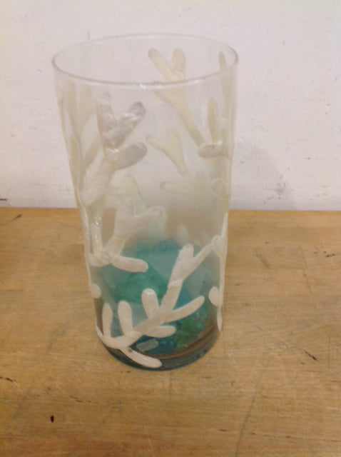 Vase- 10" Glass Coral W Aqua Stones