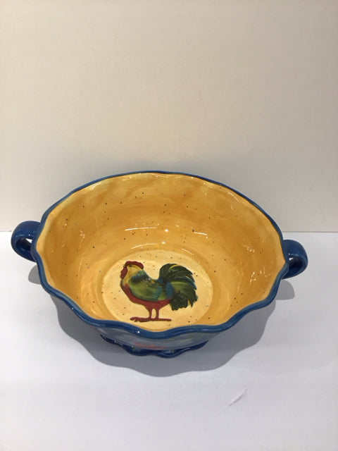 13"Rd Blue Painted Ceramic Vase w/Rooster & Handles