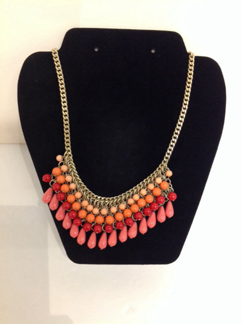Gold Necklace w/Orange/Red Dangling Beads