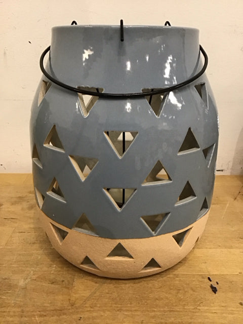 9.5" Ceramic Blue & Beige Triangle Cut Out Votive Holder