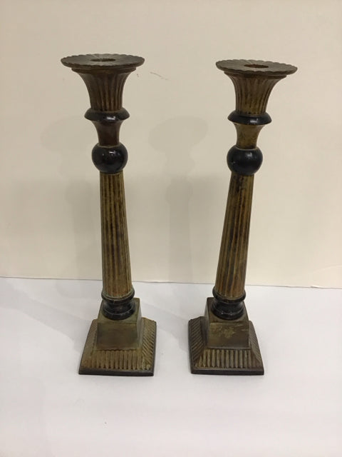 14" Pair Gold Metal Column Candlesticks