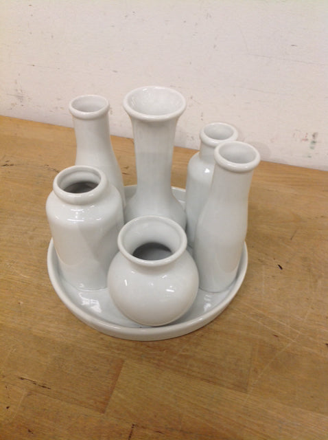 6 White Ceramic Vases On Tray