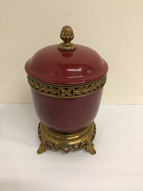 13" Crackled Red Porcelain Urn w/Brass Accents