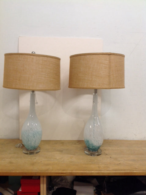 32" Pair Aqua/White Glass Lamps w/Burlap Shades