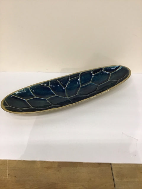 20" Gold Metal Tray w/Blue Enamel Honeycomb Design