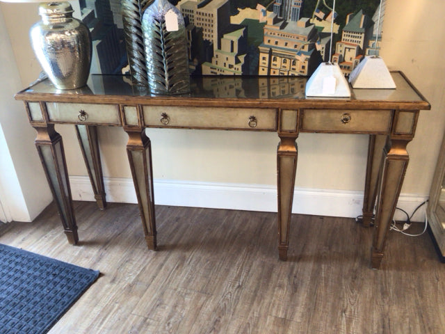 Theodore Alexander Antiqued Mirrror Three Drawer Console Table