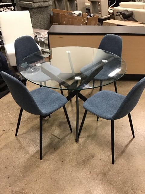 CF Havana Black Dining Table WGlass & 4 Blue Chairs Set