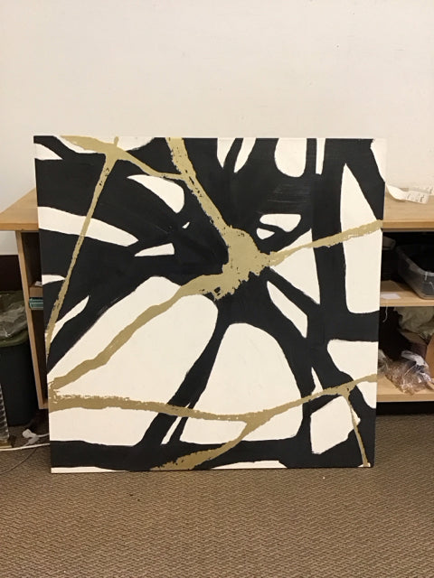 48"Sq Black/Gold White Abstract