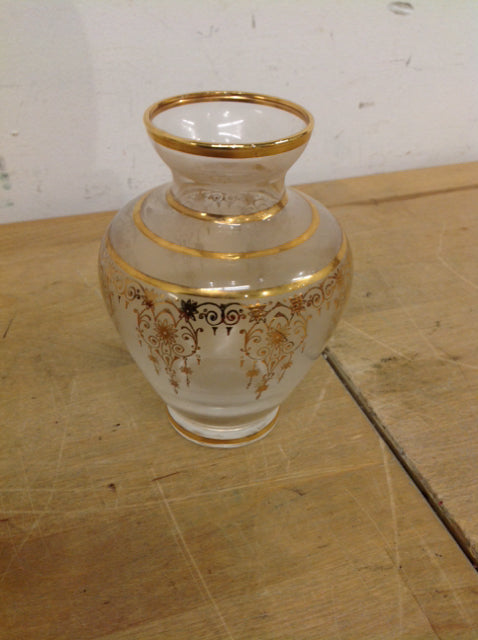 Vase- 5" White & Gold Glass