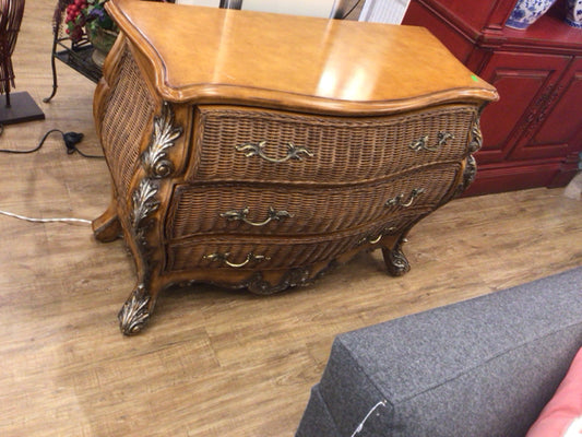 AS-IS Wood & Rattan Woven Three Drawer Bombay Chest(Mark On Top)