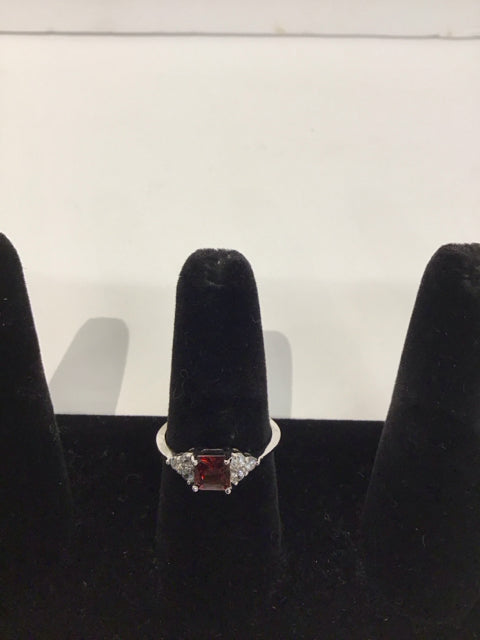 Silver Ring w/Sq Red Faceted Stone