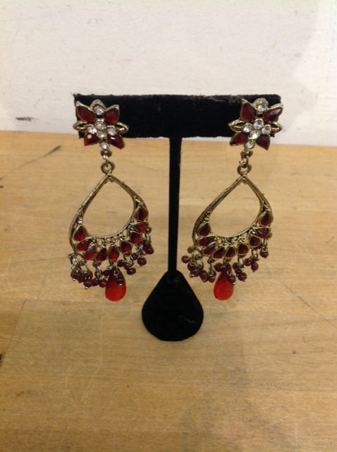 Earrings- Red Stones Silver Dangle