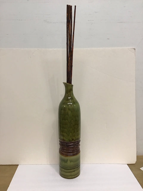 22" Green Glaze Drip Vase w/Bamboo Sticks