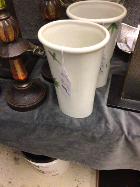 10" White Ceramic Green Floral Vase