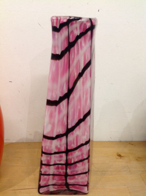 Vase- 16" Pink & Black Drip Art Glass