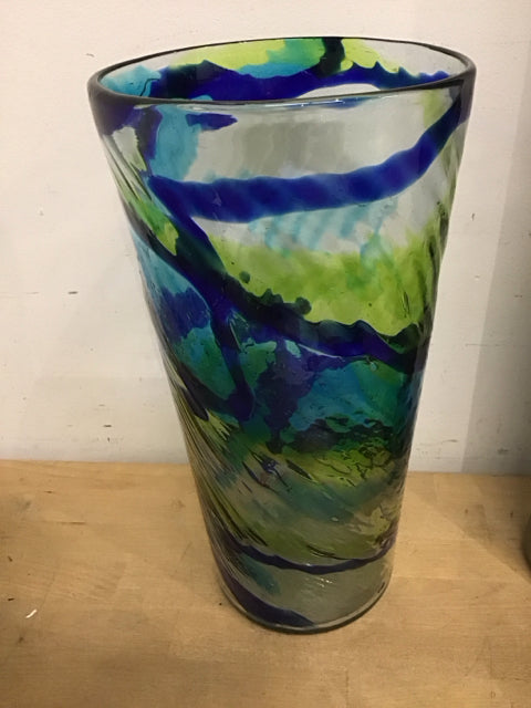 14.5" Murano Blue Swirl Art Glass Vase
