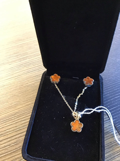 Van Cleef Like Goldtone & Amber Earring & Nevklace Set