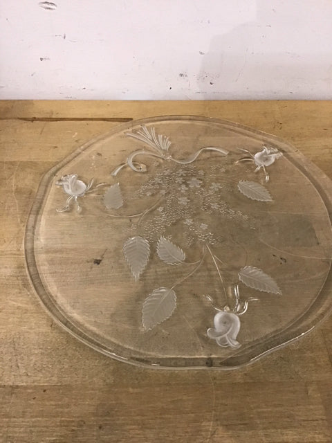 12" Floral Embellished Footed Glass Tray