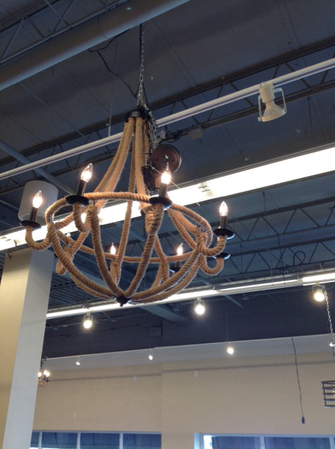 Large 8-Light Jute Rope Chandelier