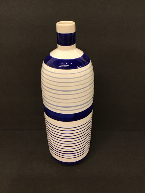 13" Blue/White Striped Painted Ceramic Vase