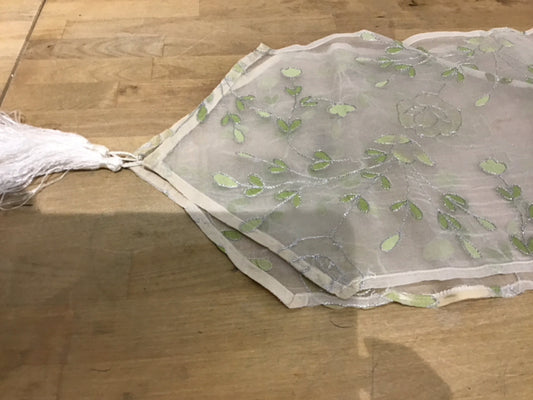 Cream Sheer W/Green Floral & Tassles Runner