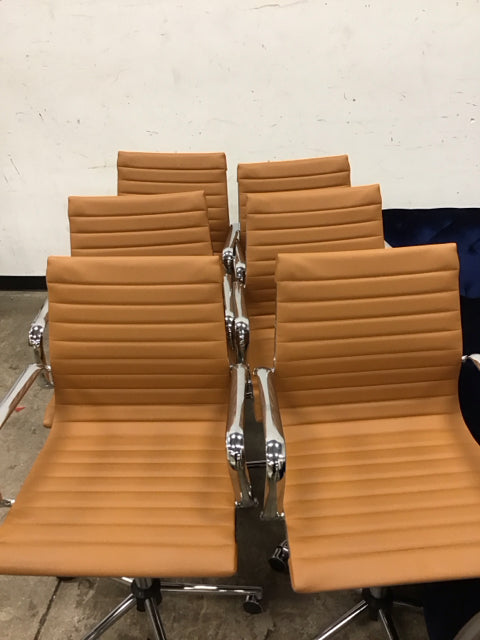 Set Of 6 Camel Leather Office Rolling Chairs