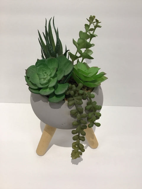Faux Succulents in Grey Wood Footed Pottery Vase