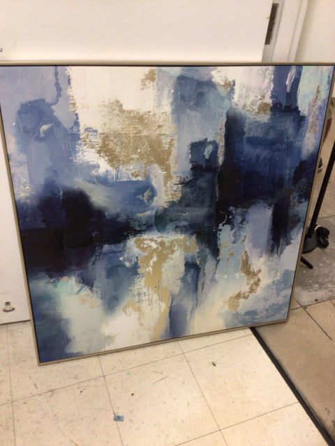 39 1/2" Square Framed Blue Abstract Print On Canvas