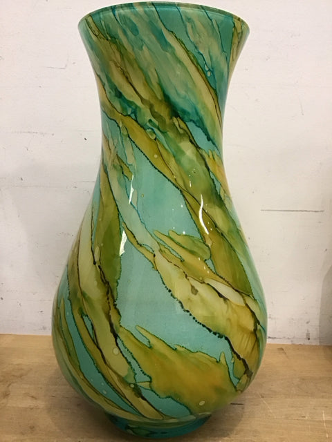 13.5" Aqua Gold Yellow Green Art Glass Vase