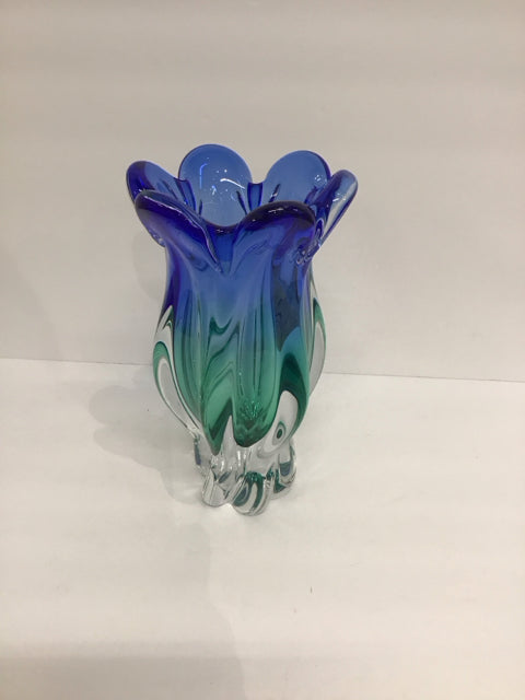 10" Art Deco Blue/Green Glass Abstract Vase