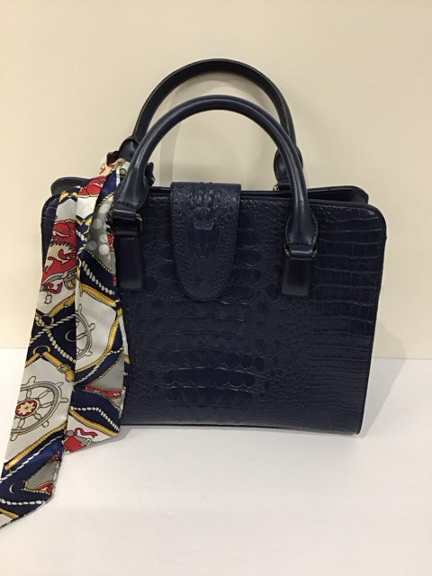 Blue Faux Croc Leather Handbag w/Scarf