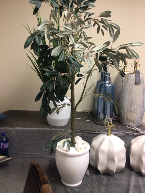 47" Faux Plant In White Ceramic Planter W/Rocks