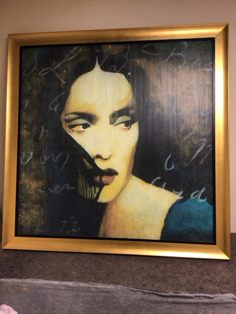 46" Square Gold Framed Female Face Print On Canvas