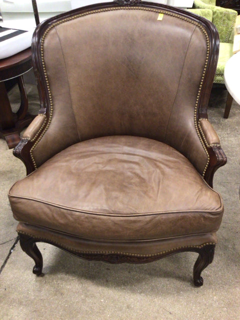 Century Furniture Curved Back Wood & Leather Arm Chair