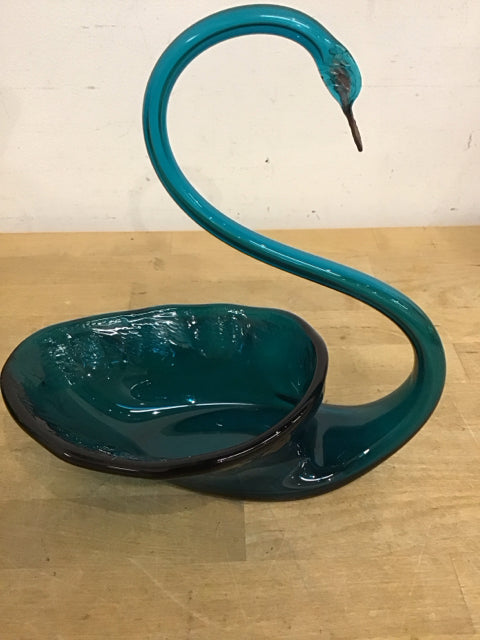 10" Teal Glass Swan Bowl