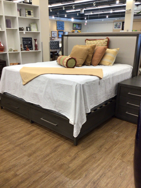 Grey Wood Upholstered King Storage Bed