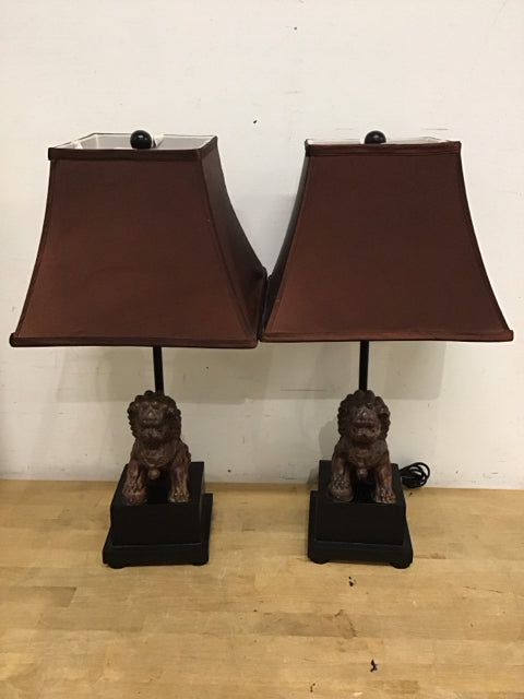 24" Pair Of Brown Resin Foo Dogs W/Black Base Table Lamps