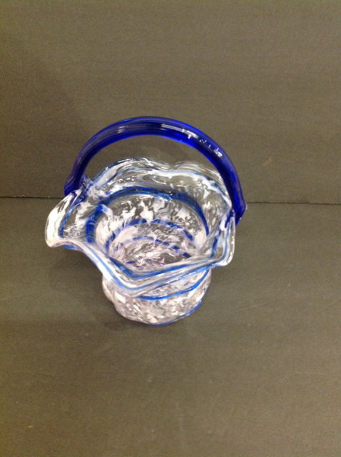 8" Art Deco Glass Basket w/White/Blue Design w/Handle