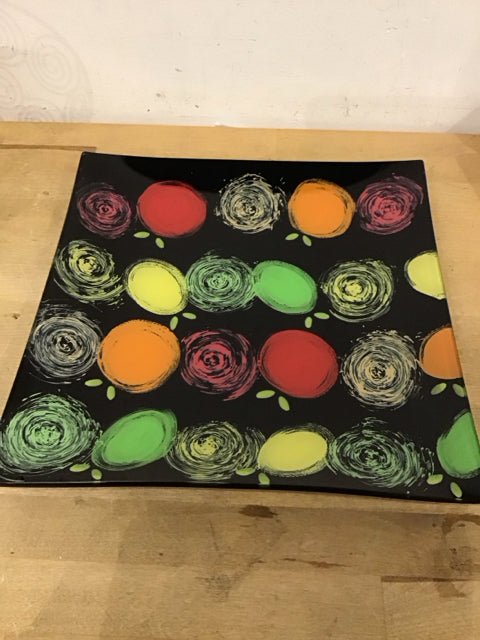 12.5" Black Abstract Fruit Design Glass Tray