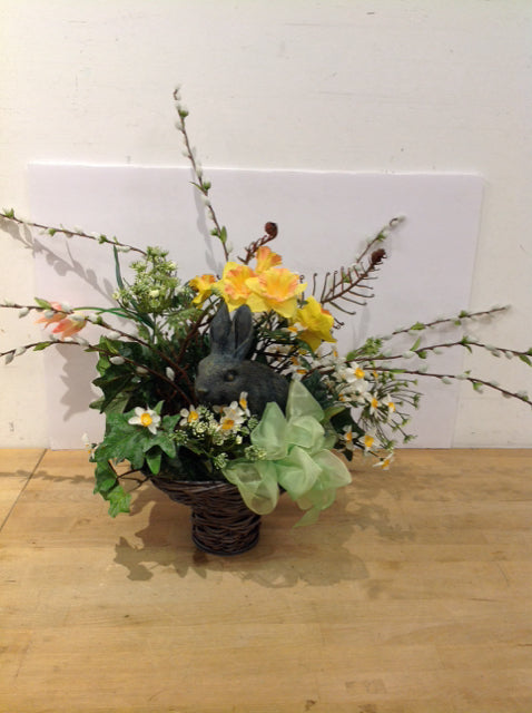 Daffodils w/Resin Bunny in Grey Basket