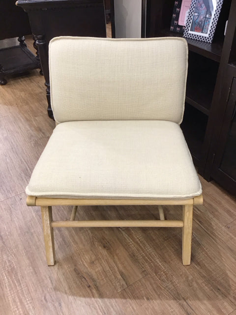 Tan Upholstered Wood Club Chair w/Rattan Back