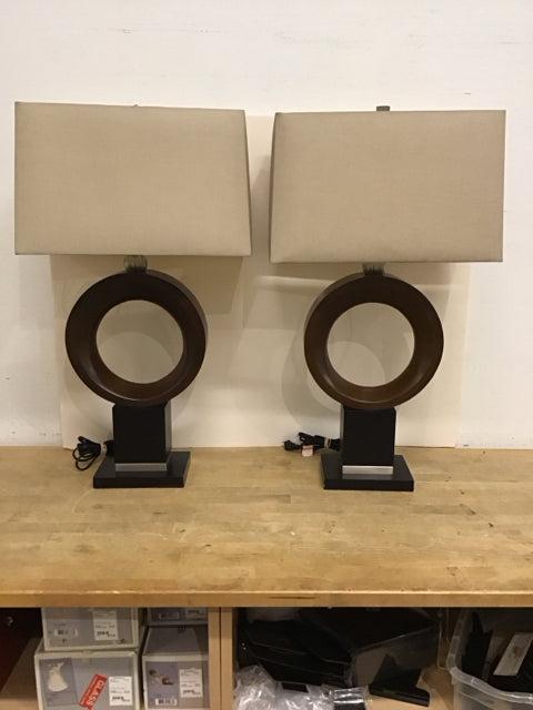 32" Pair Abstract Wood Table Lamps w/Shades